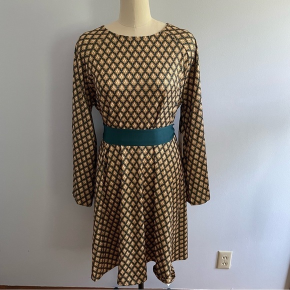 Unique Vintage Blue/Green & Gold Deco Motif Print Flare Dress- Size 3X (20)- NWT - Picture 2 of 9